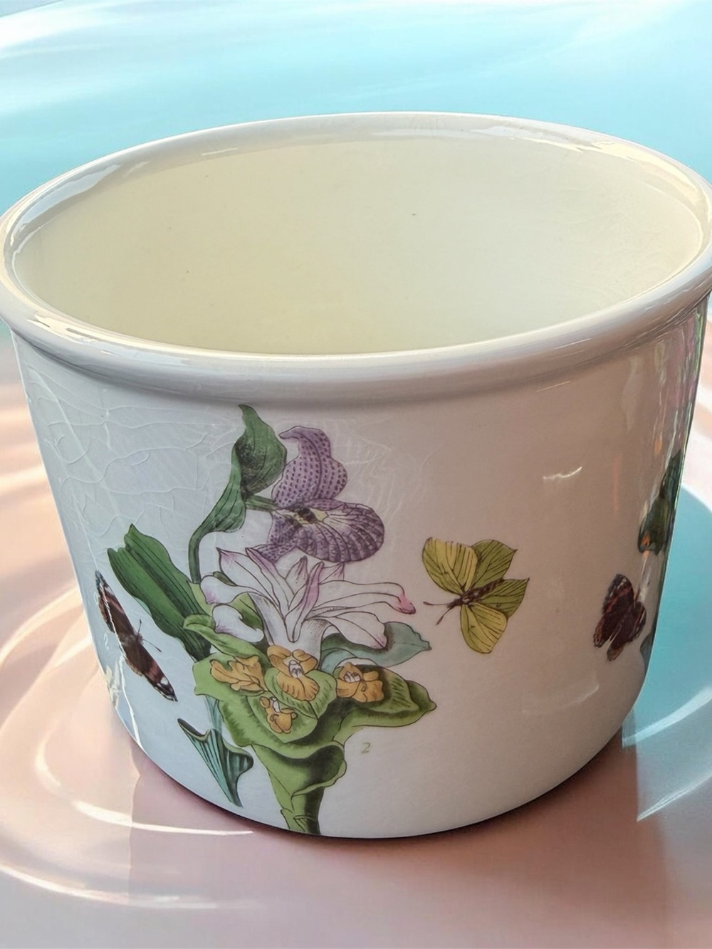 Portmeirion White Ceramic Planter with Green Leaves, Purple and Yellow Flowers